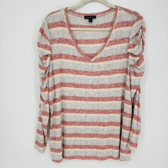 Lane Bryant Striped Ribbed Knit Top 14 16 V Neck Ruched Long Sleeves Red Gray - Picture 1 of 7